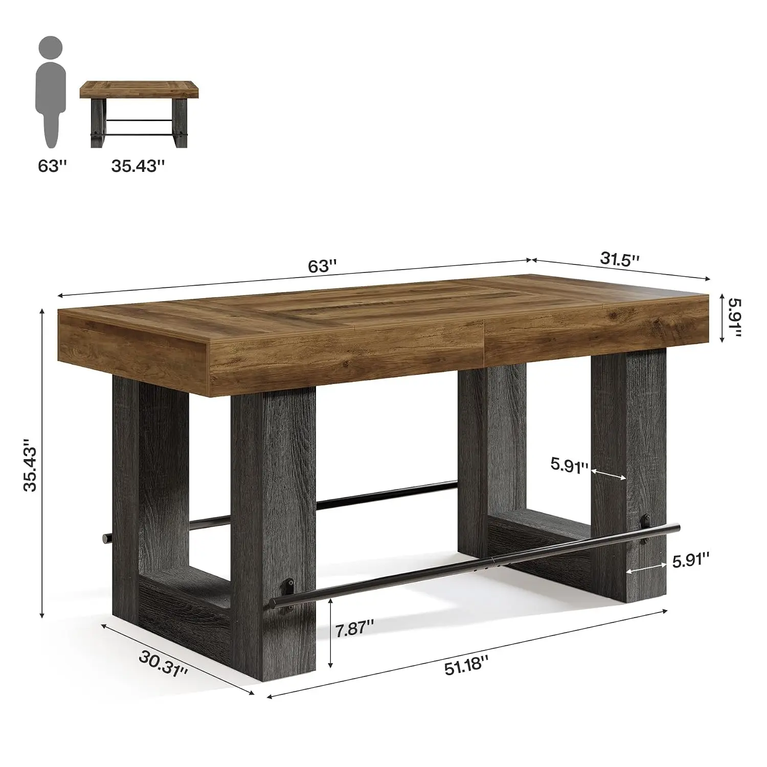 63-Inch Bar Height Table, Large Wooden High Top Pub Table with Metal Footrest, Industrial Rectangular Counter, Customized