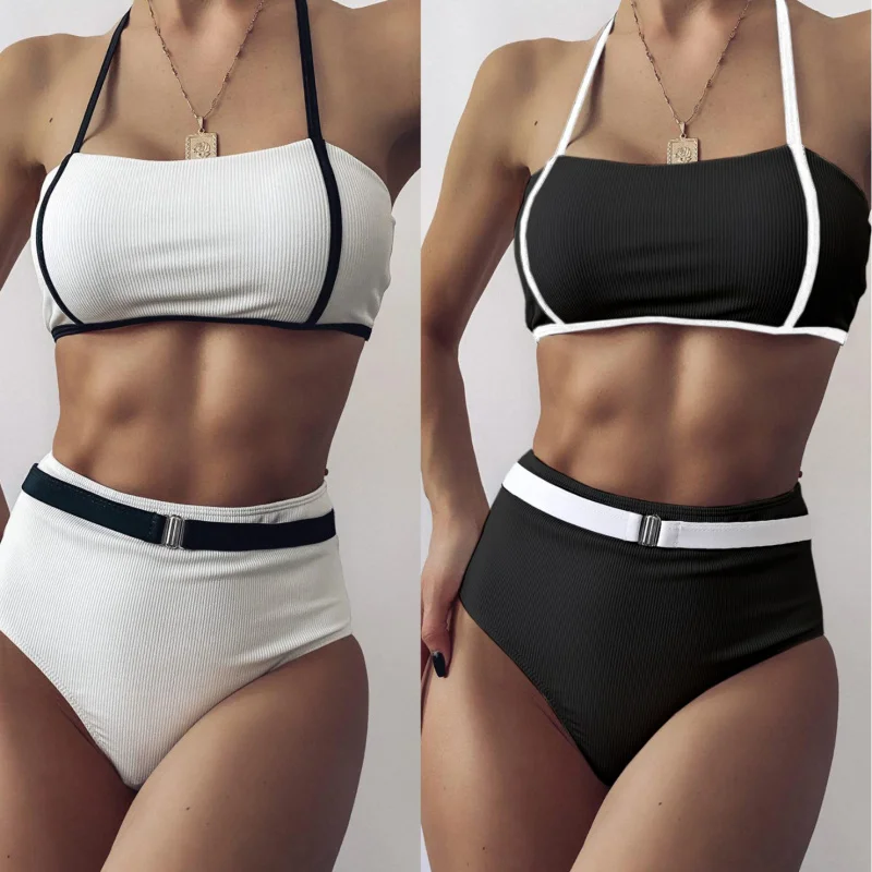 Women's Black and White Stitching Split Swimsuit Bikini Bikini Lz61