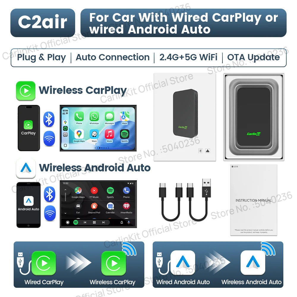 CarlinKit 5.0 C2Air draadloze adapter Draadloze CarPlay Android Auto Plug & Play 2,4 Ghz & 5,8 Ghz WiFi BT Auto-verbinding voor OEM-auto's