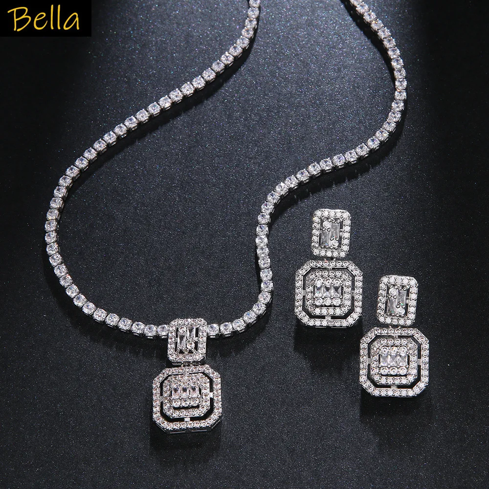 

Wedding Jewelry Set Necklace Earrings Bride Dinner Party Luxury Jewelry White Zircon Square Pendant Anniversary Gift Female