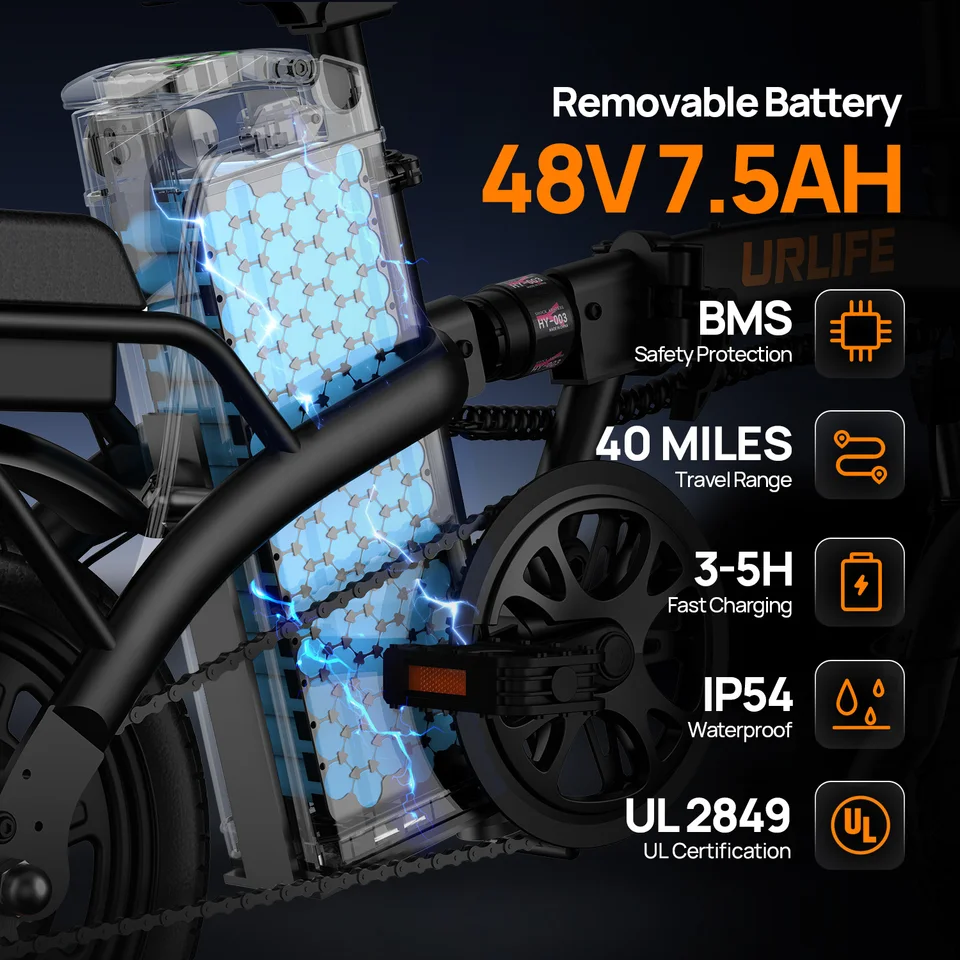 URLIFE 14 Inch Foldable Adult Electric Bike Peak 500W Motor 48V 7.5Ah Removable Battery Up To 40 Miles Range 3H Fast Charging City Commuter Folding Ebike image 6