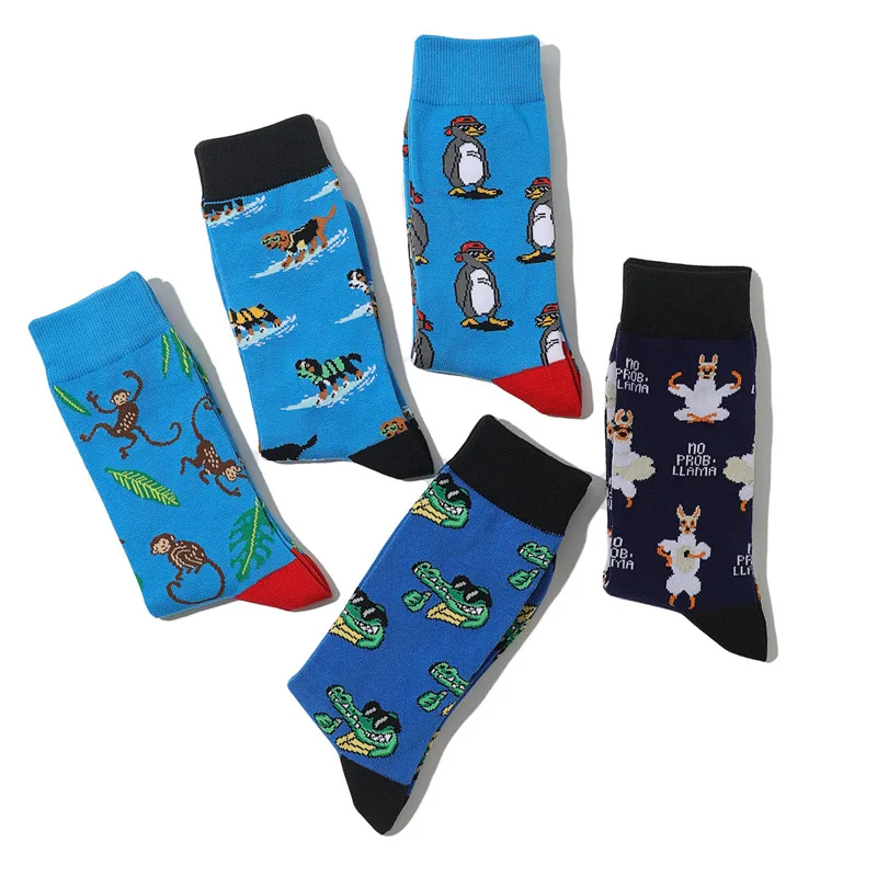 Happy Design Fun Socks Men\'s Woodpecker Crocodile Puppy Animal Sokken Diversidos Jacquard Calcetines Unisex Hip Hop Skateboard