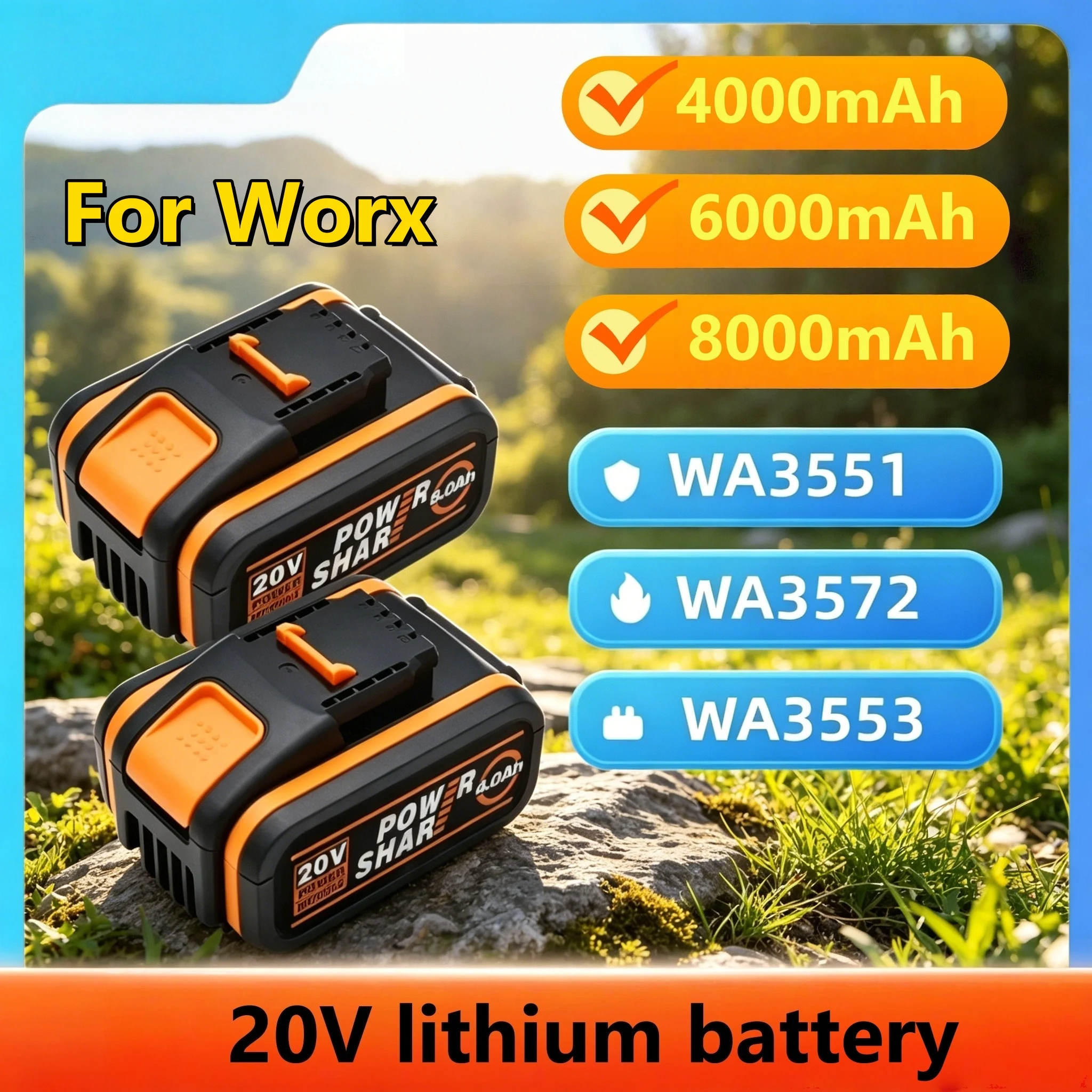 WORX PowerShare pro 20V 8.0Ah High Capacity Lithium-ion Battery Rechargeable Replacement for 20V Cordless Power Tools