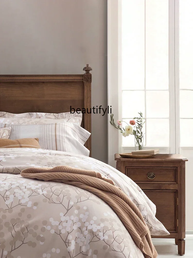 American Retro Solid Wood French Entry Lux Bed in Master Bedroom Modern Minimalist Distressed Marriage Bed Anna Princess Bed