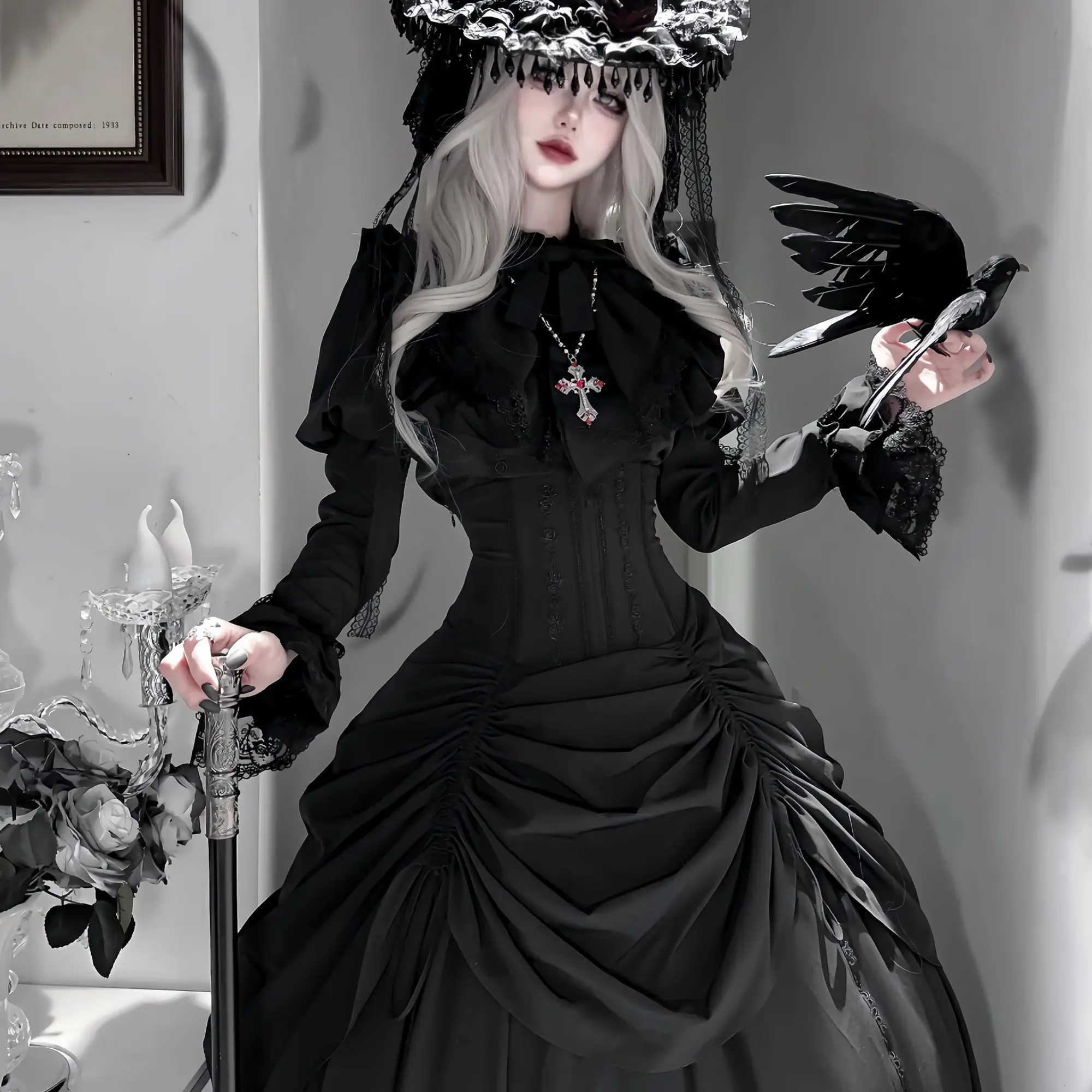 NONSAR Dark Gothic Lolita Fishbone Corset Skirt Sets Women Vintage Long Sleeve Shirt Witch High Waist Ruffles Slim Black Skirt