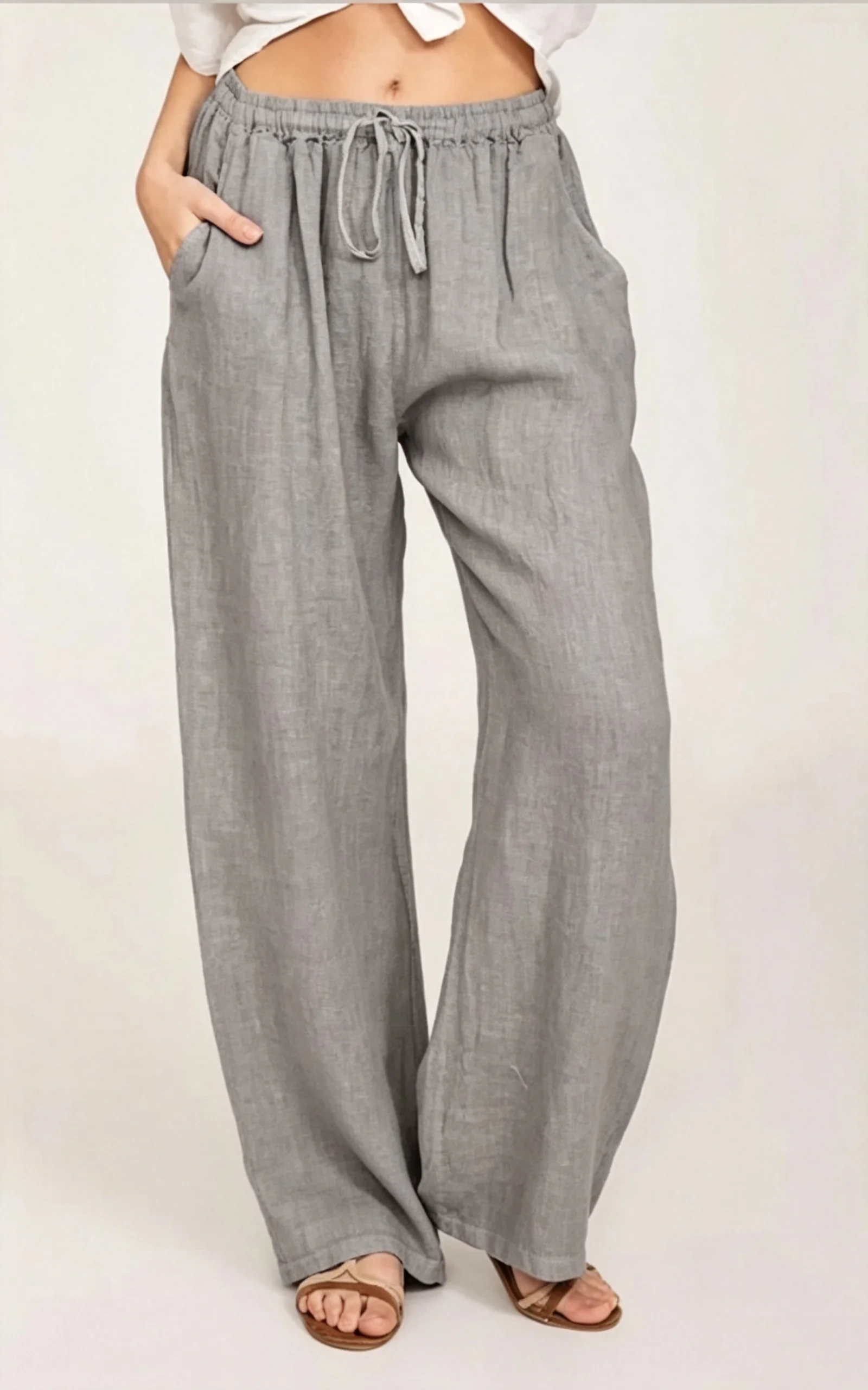 Damenhosen aus 100% Baumwolle für Sommer und Herbst, einfarbige, hochtaillierte, gerade geschnittene Hosen, lockere, atmungsaktive Freizeithosen aus Hanf für Damen, Sport-Hosen. – Detail 6