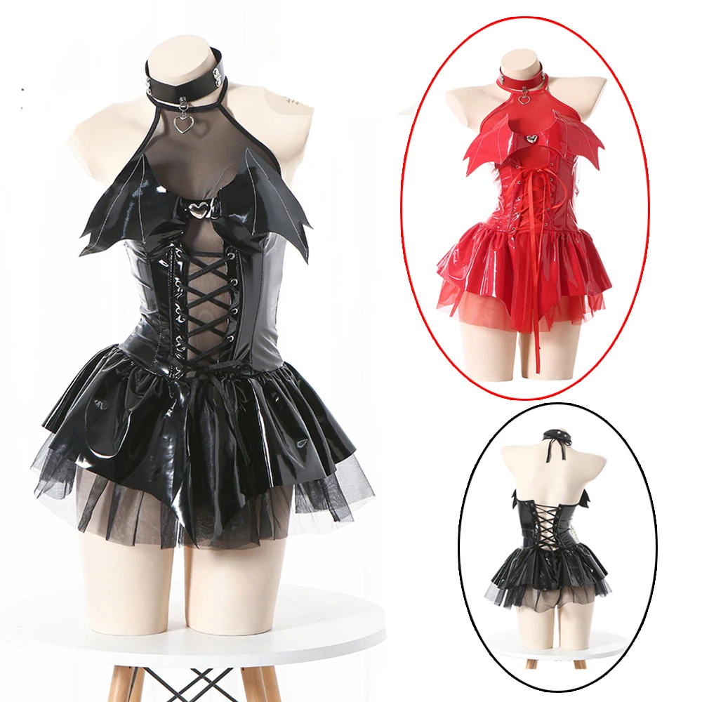 

Lolita Dress Anime Girls Sexy Devil Cosplay Hollow Out Bandage Patent Leather Kawaii Uniform Women Costumes Lingerie Set Gifts