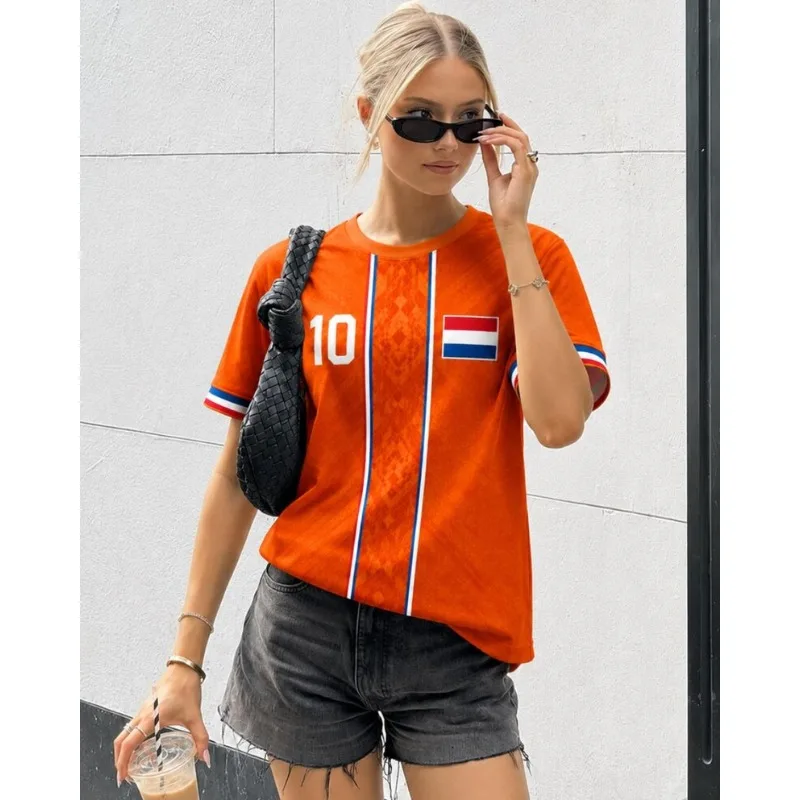 Netherlands Orange Vertical Stripe Soccer Jersey No.10 Flag Print Tri-Color Cuff Sport Top for Multi-Scene Women Summer Fashion