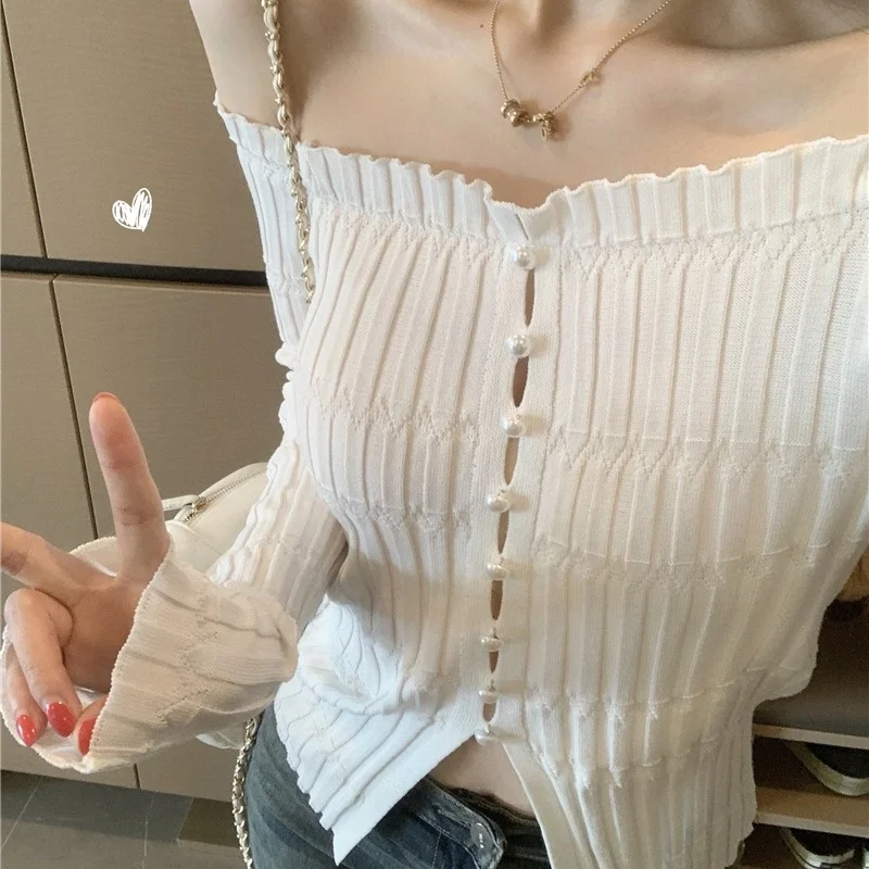 Slim Fit tricots perle bouton une épaule Design Ele Sle femmes Faion automne hiver nouveauté couleur filles