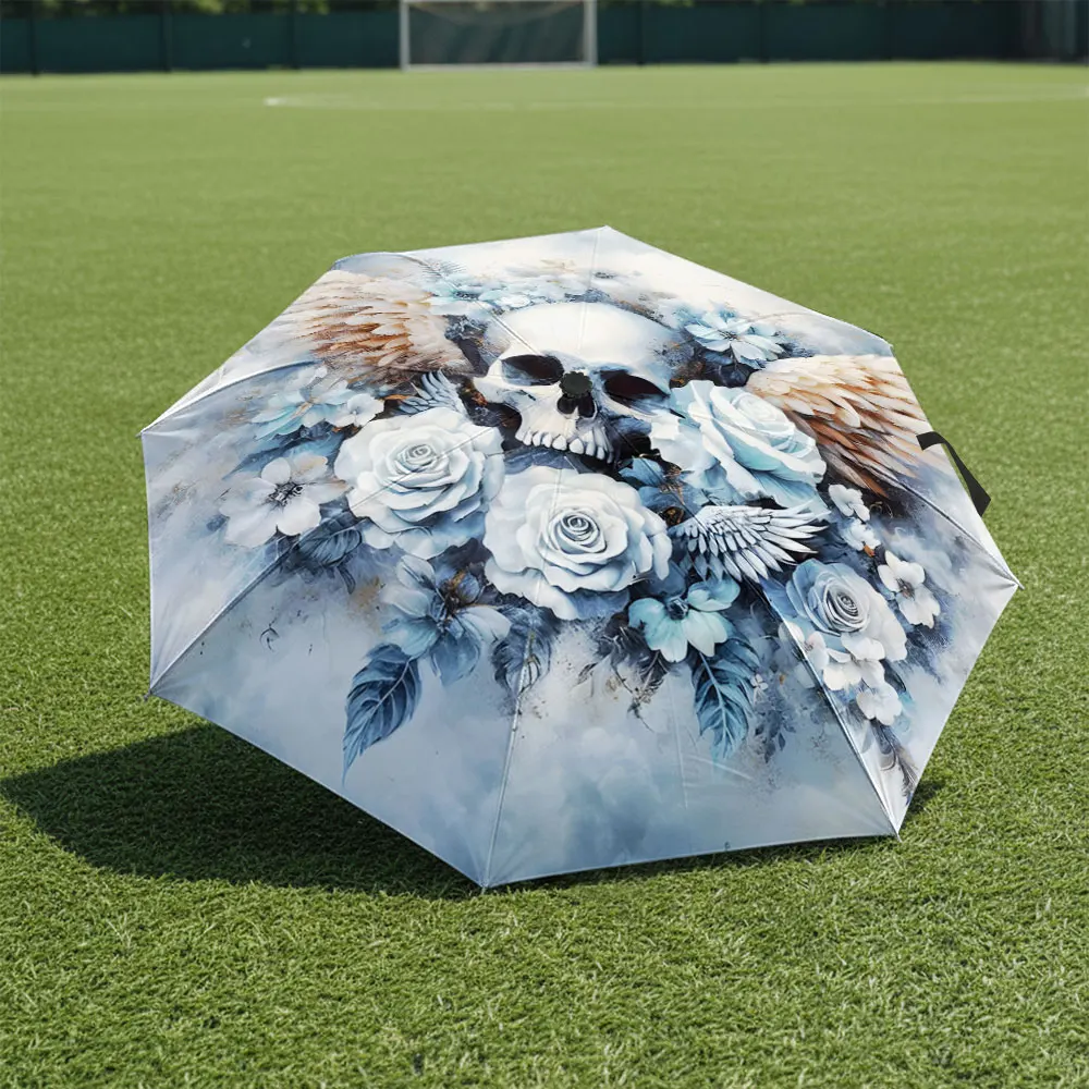 1P C Artistic Umbrella with Skulls and Roses Design Print 8 Iron Ribs Folding Umbrella Auto-Open Fashion Sunshade