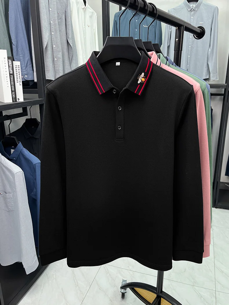 العلامة التجارية الفاخرة 100% قميص بولو قطني بكم طويل قميص الرجال الراحة ربيع الخريف موضة عادية النحل التطريز مخطط التلبيب تي شيرت #6