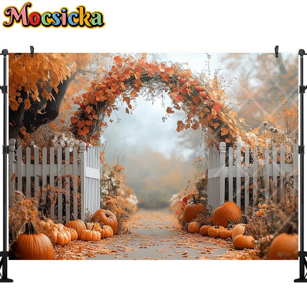 Mocsicka photographie toile de fond automne citrouille feuille d'érable arc décoration enfants automne Portraits Photo fond pour photographie
