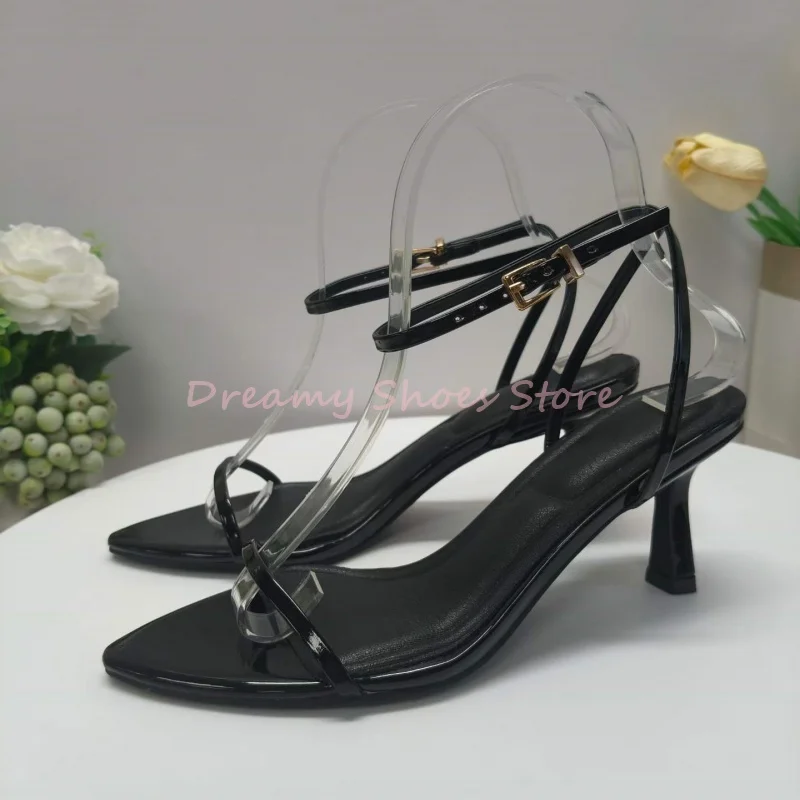 Black Patent Leather Pointed Toe Slingback Sandals Women Open Toe Ankle Wrap Thin High Heels Sexy Fashion Party Banquet Shoes