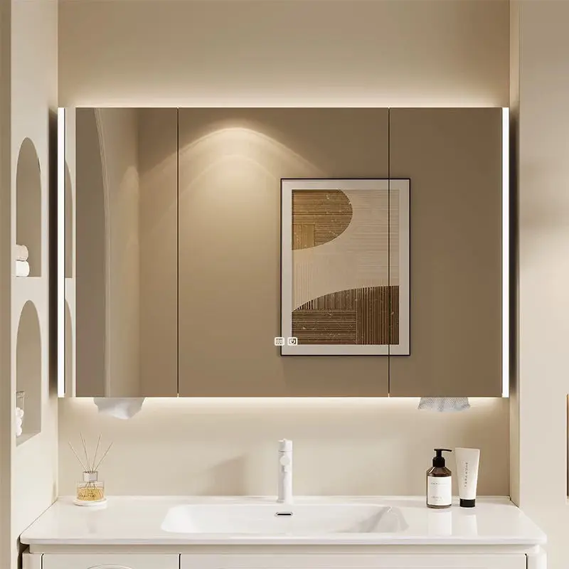 Production d'armoire à miroir de salle de bains en acier inoxydable 304, armoire intégrée, toilettes murales, maquillage, rangement intelligent