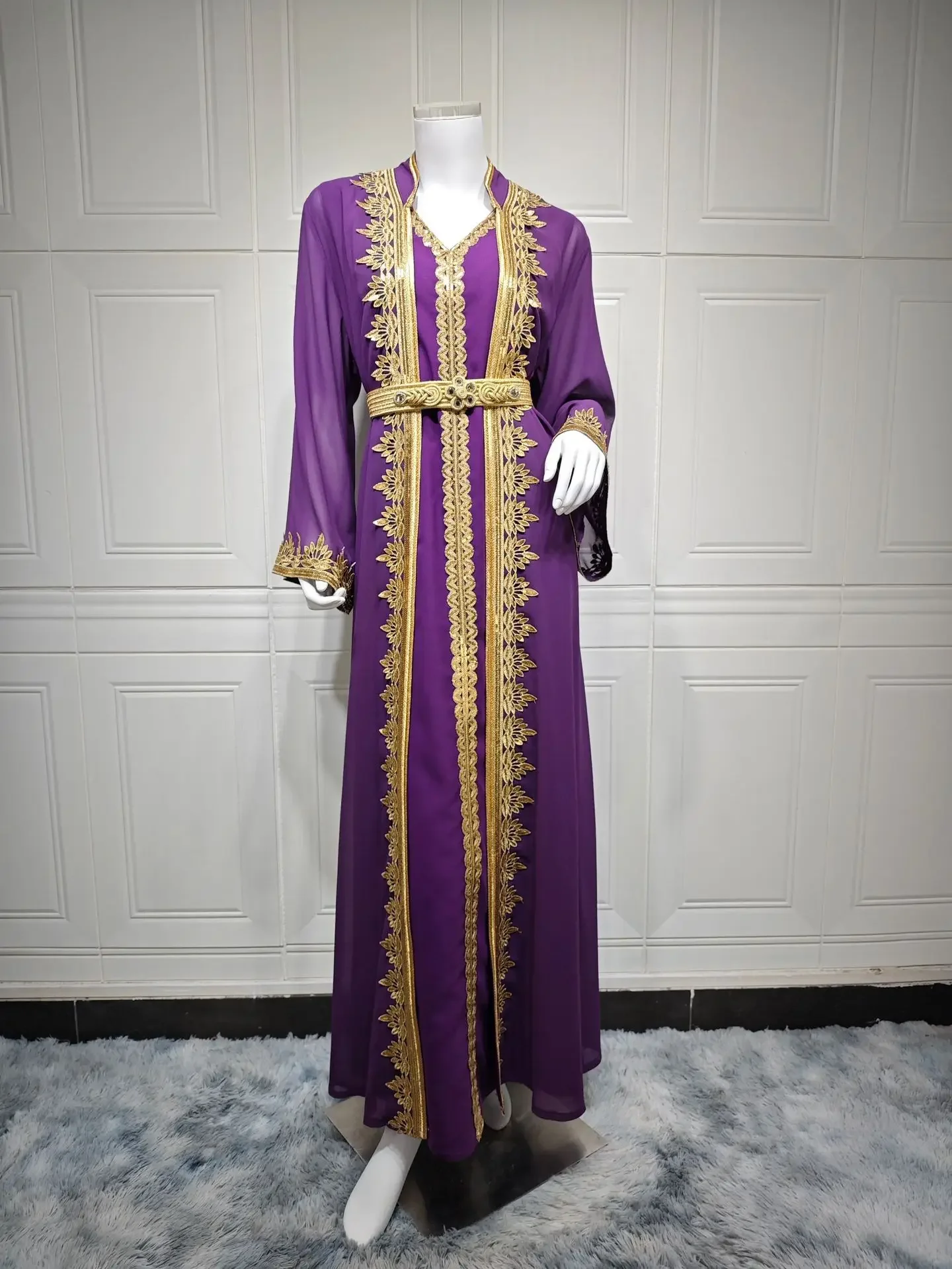 Nastro di Chiffon Abaya Set da 2 pezzi Kimono + abito interno caftano Set di abiti musulmani Abaya per le donne Dubai Luxury Party Islam Outfits