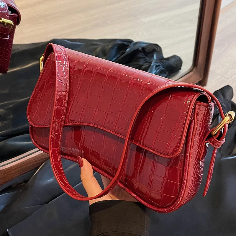 Stone Pattern Lacquer Leather Underarm Bag For Women Versatile One Shoulder Crossbody Bag High Quality Texture Small Square Bag