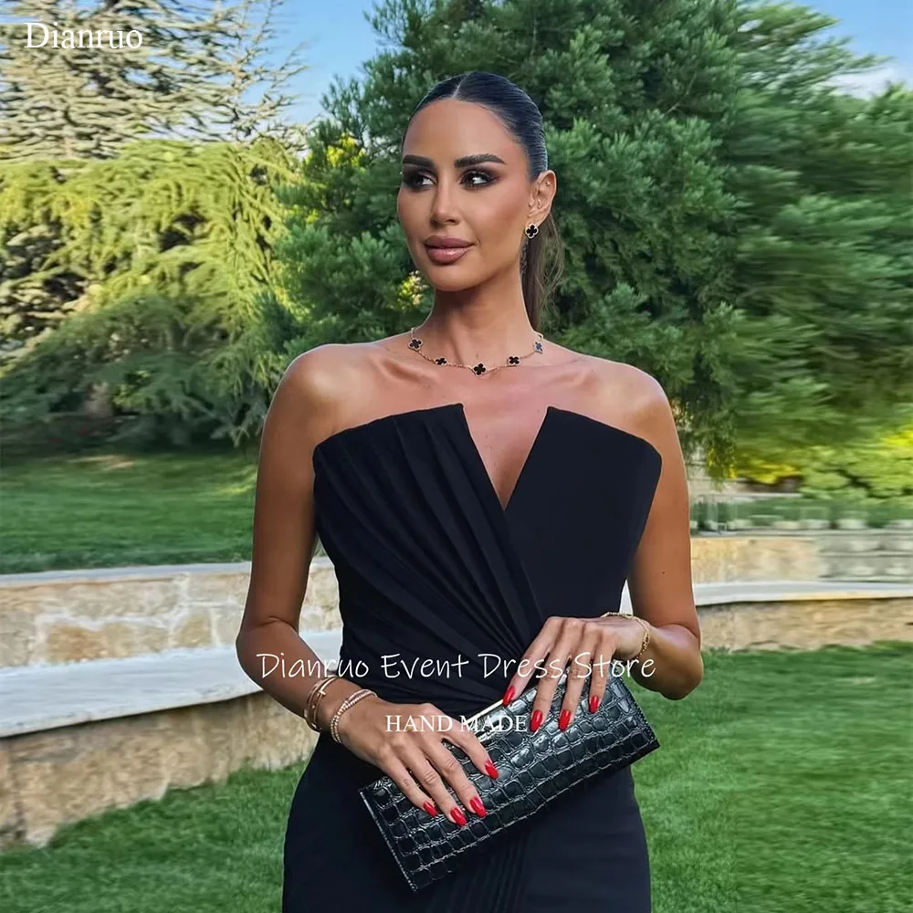 Dianruo 黒シャーリングイブニングドレスハイスリットサテンマーメイド Vestidos デ フィエスタフィットノースリーブ Abiti Da Cerimonia カスタマイズ