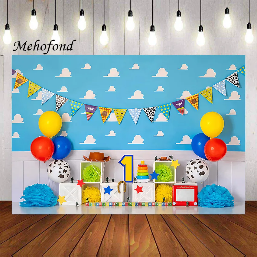 Mehofond Photography Background Cartoon Blue Sky White Cloud Toy Boy 1st Birthday Cake Smash Portrait Decor Backdrop Photo Studi