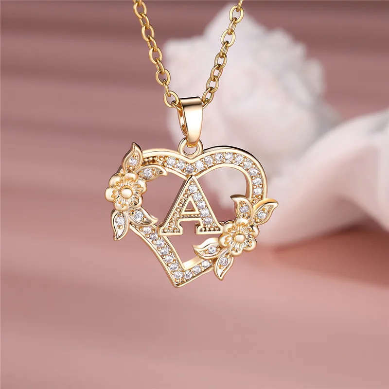 Collar con colgante de corazón y flor con letras de A-Z para mujer, joyería de boda de Color dorado, regalo para mujer