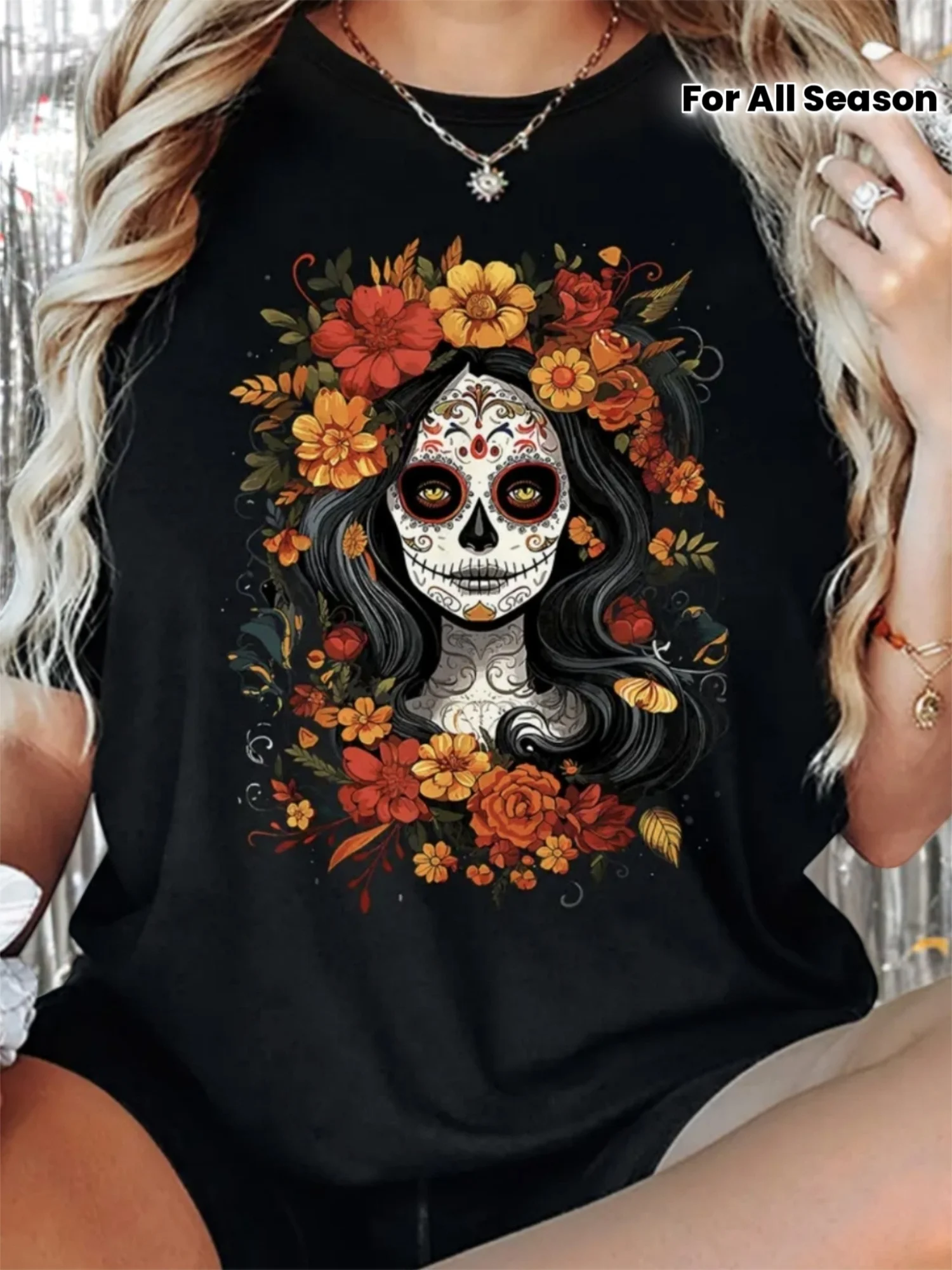 2025 Halloween Camiseta de algodón puro de manga corta holgada de talla grande para mujer adecuada para damas Casual estampado de fantasma
