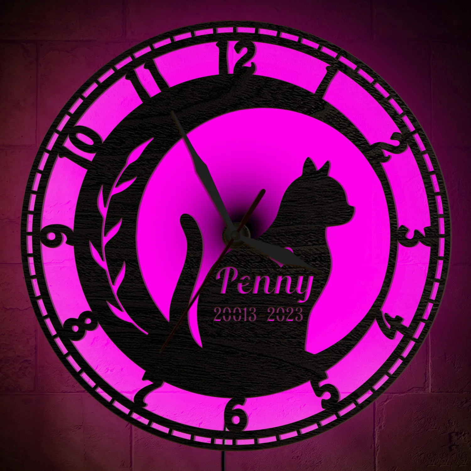 Personalized Cat Memorial Luminous Wood Wall Clock RGB LED Backlight Custom Cat Name Wall Clock Pet Loss Remembrance Home Decor