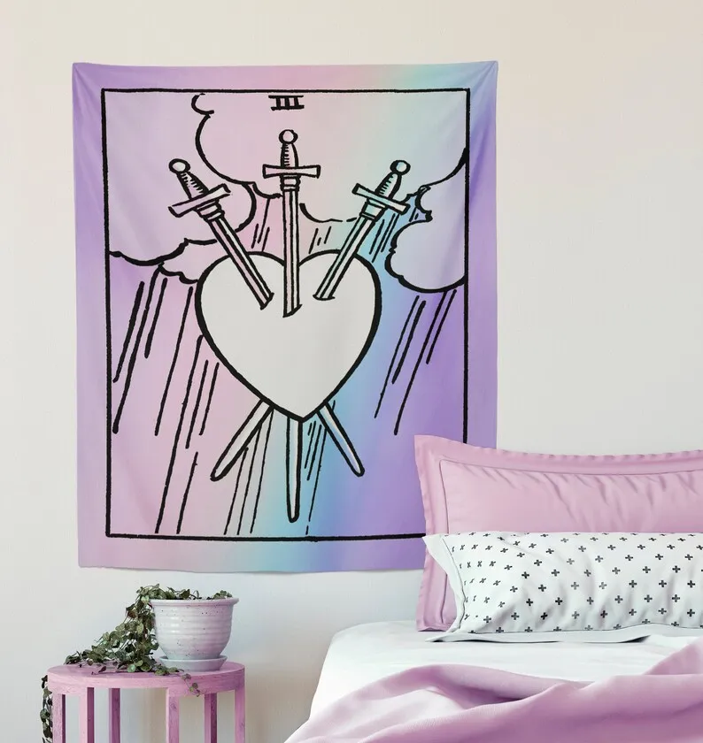 The 3 of Swords Card Tapestry - Rider Waite Pastel Goth Three of Swords Tapestry