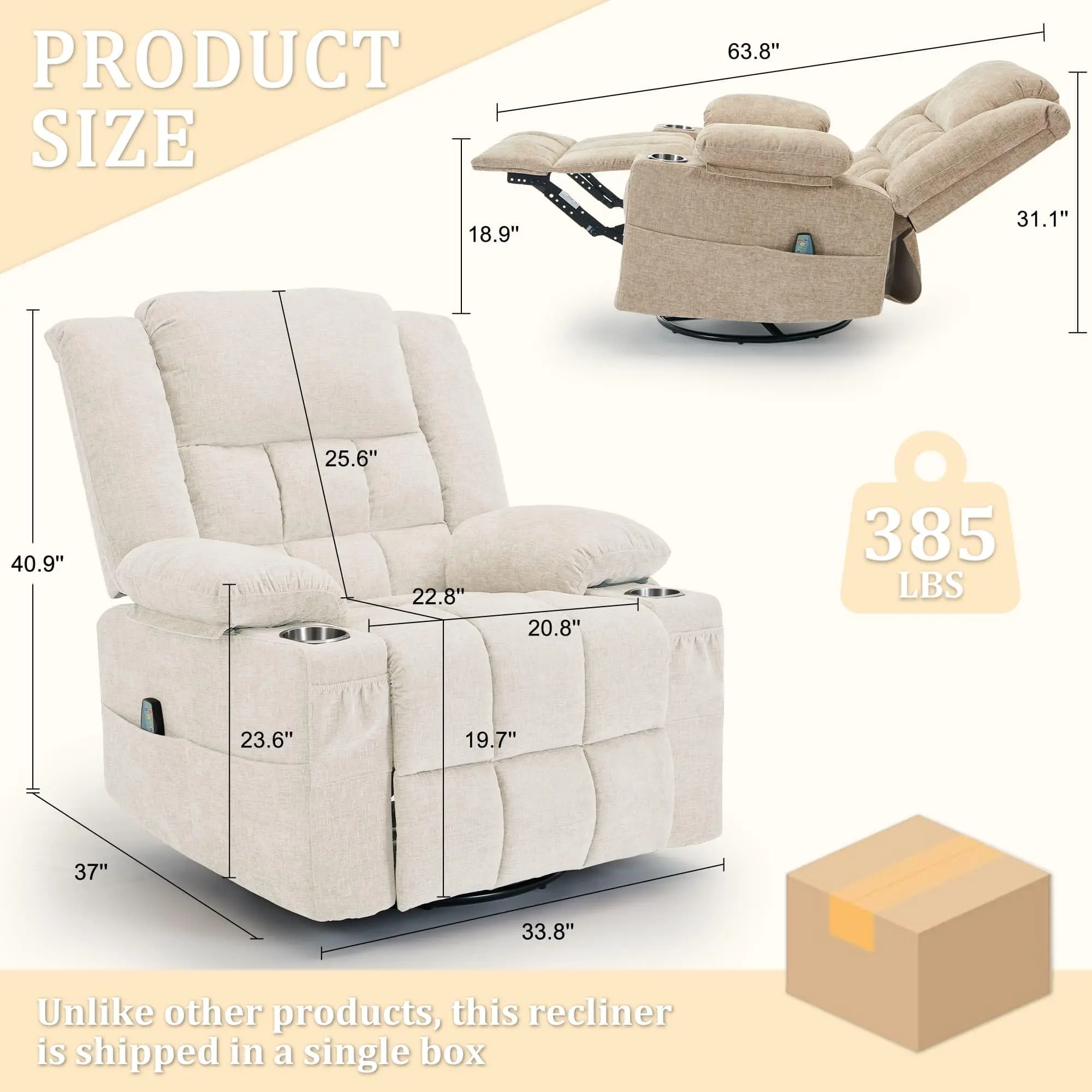 360° Swivel Rocker Recliner for Adults, Nursery Glider Recliner with Massage and Heating, Rocking Chair with Cup