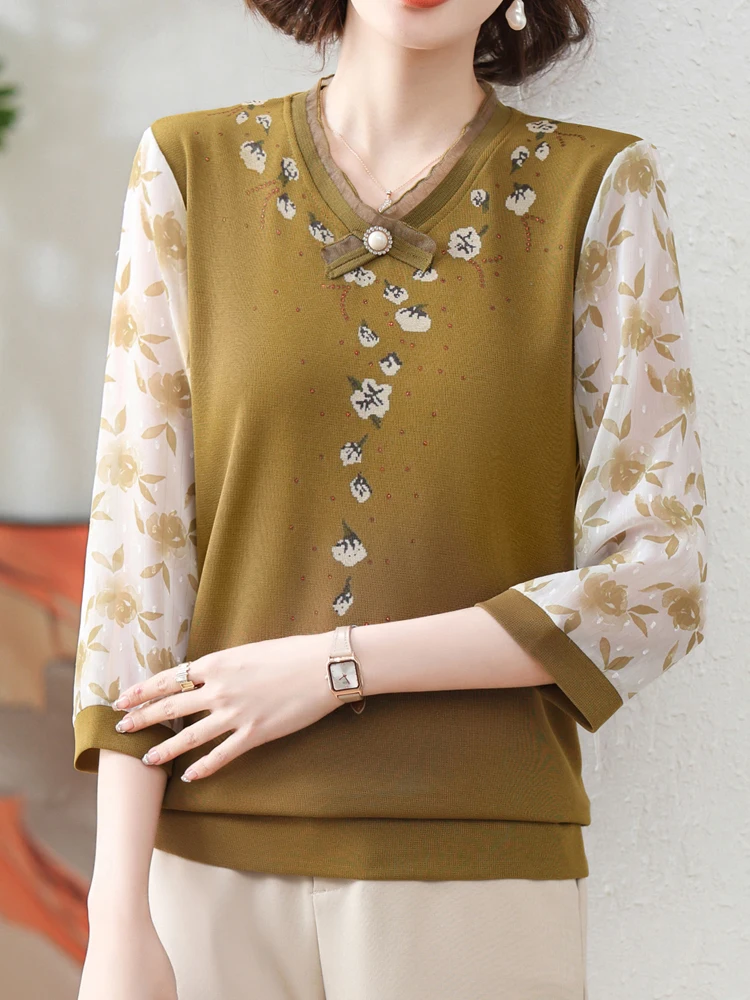 

Print Knitted T Shirt Women Sweater Pullovers 2024 Summer Clothes For Women Tees Top Chiffon Sleeve Women's T-shirt