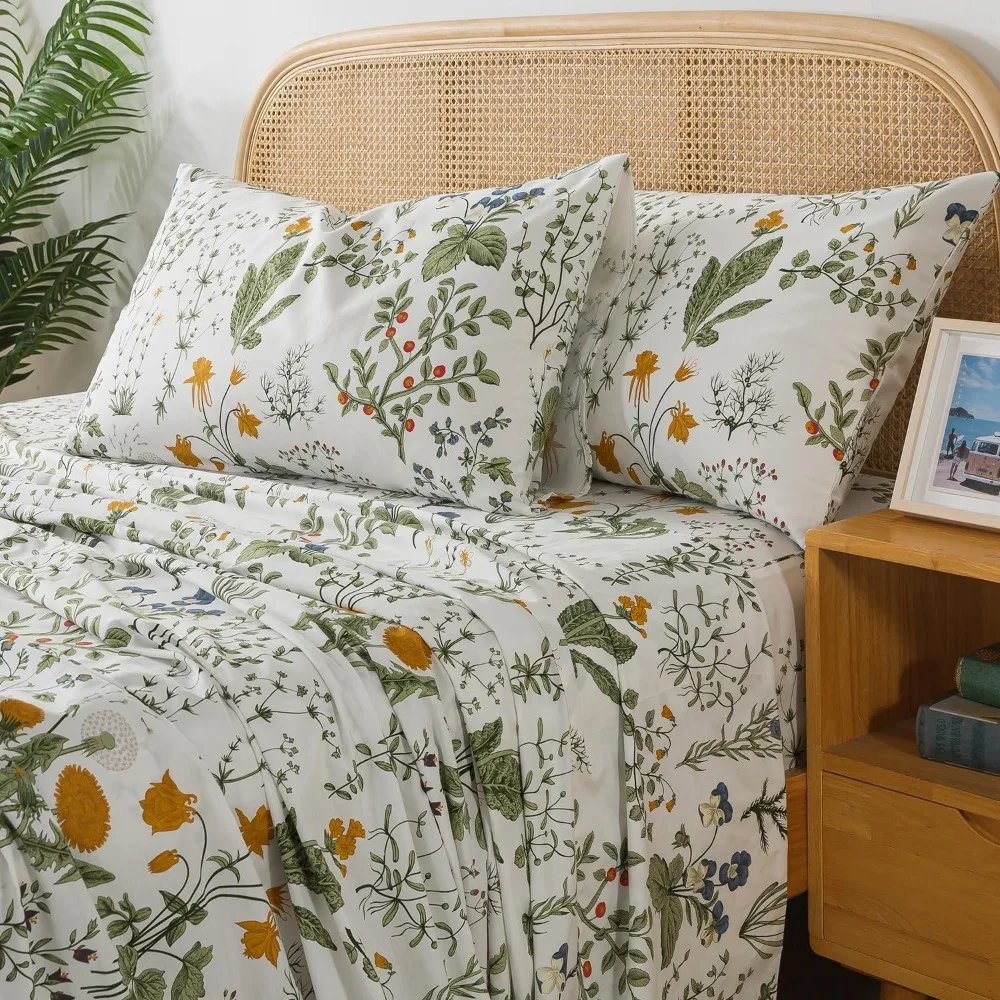 

Zusbest Queen Sheet Set 100% Percale Cotton Green Floral Bed Sheet Set Yellow Flower & Green Leaves Botanical Pattern Printed on