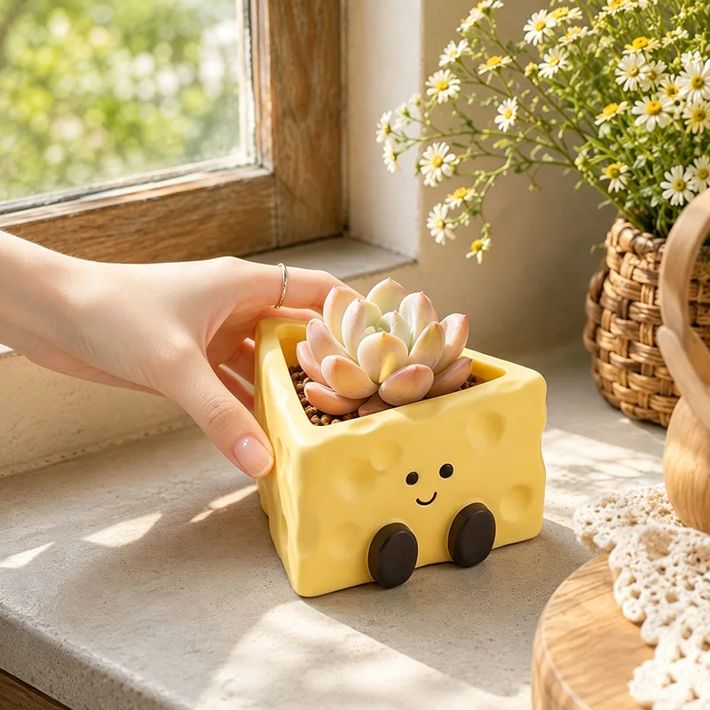 Cheese Shape Succulent Planter Cute Cartoon Smiley Mini Cactus Pot Desktop Windowsill Balcony Home Decor Gift For Plant Lovers