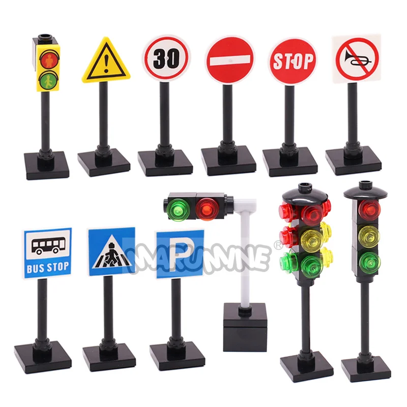 Marumine Traffic Road Sign Light Lamp MOC Block Brick Parts City Street View Building Accessories Barrier Speed Limit Warning