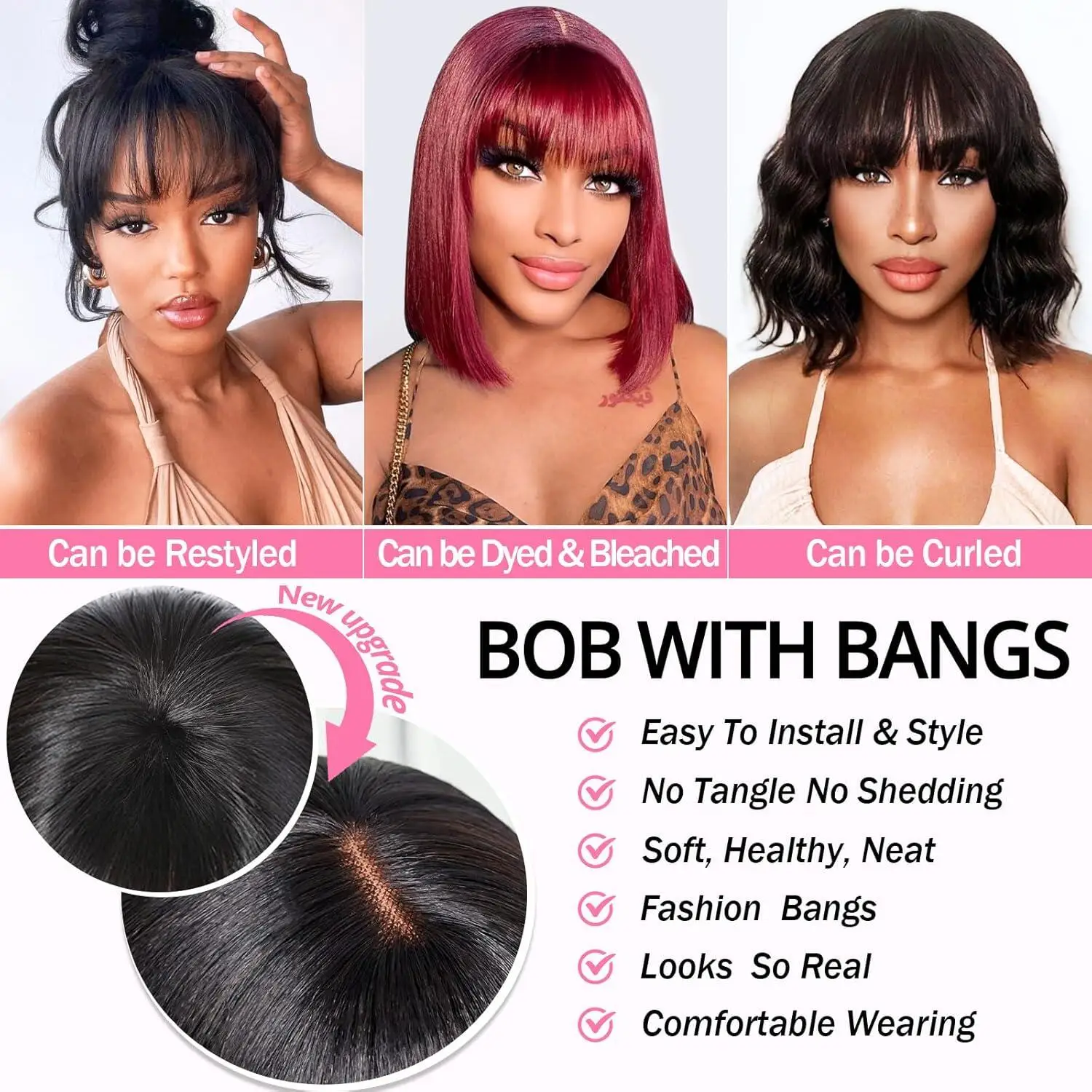 2x1 Straight Bob Lace Closure Wigs with Bangs For Women Brazilian Hair Short Straight Wig With Realistic Scalp On Top 8-14 Inch image 6