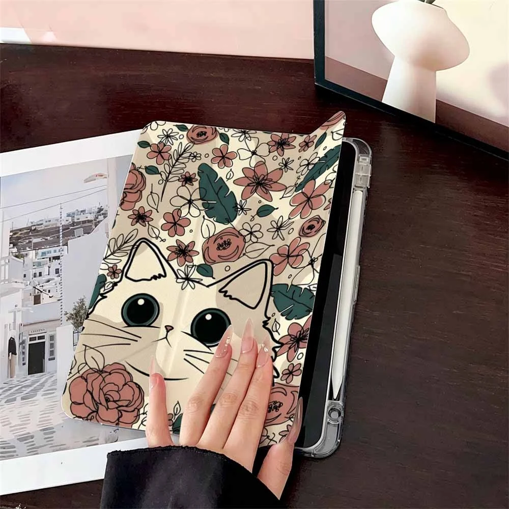 Cat Floral Doodle For iPad Pro 11 12.9 13 A16 M2 M4 M3 M5 Shell 9.7 10.2 5/6/7/8/9/10/11th Mini Air 3 4 5 6 Cover