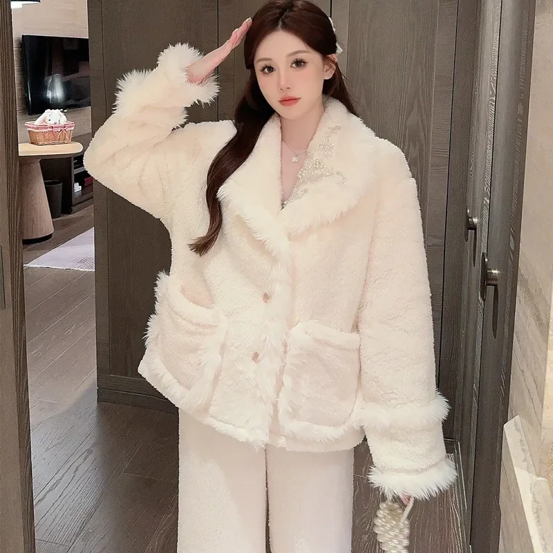 

New Pajamas Korean Version Winter Flannel Sleepwear Women's Thick Casual Coral Fleece Set Cardigan Trouser Suits Homewear