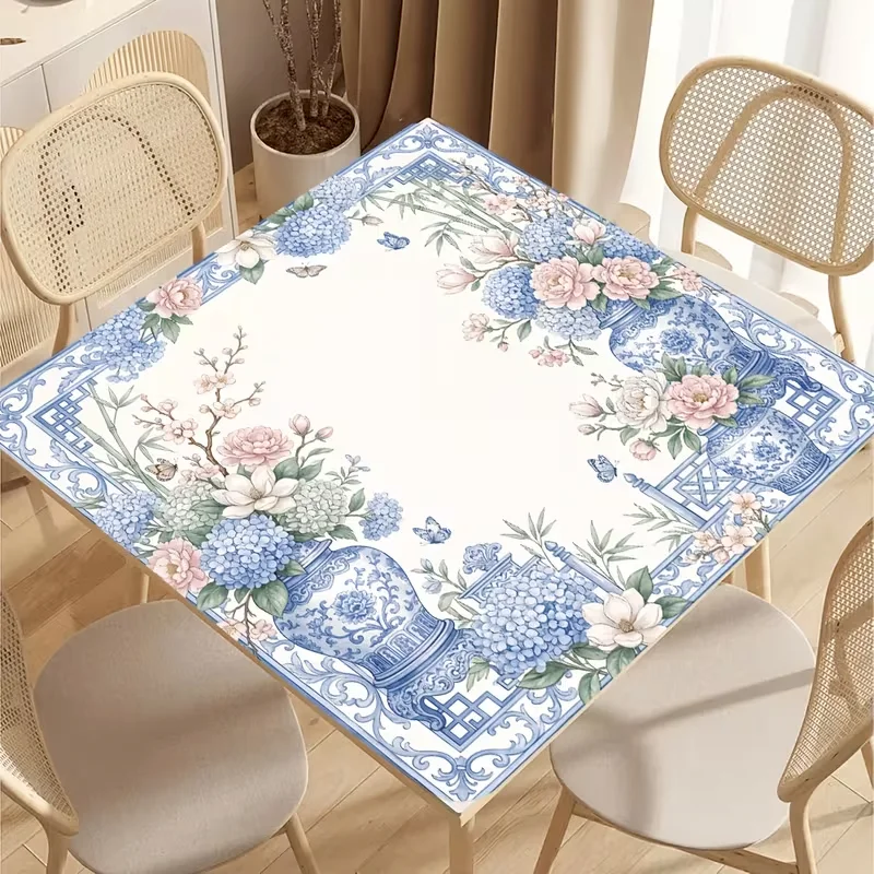 VIKAMA Mahjong Table Mat Anti Slip Rubber Backing Noise Reduction Waterproof Blue White Chinoiserie Vase Decor Home Decoration