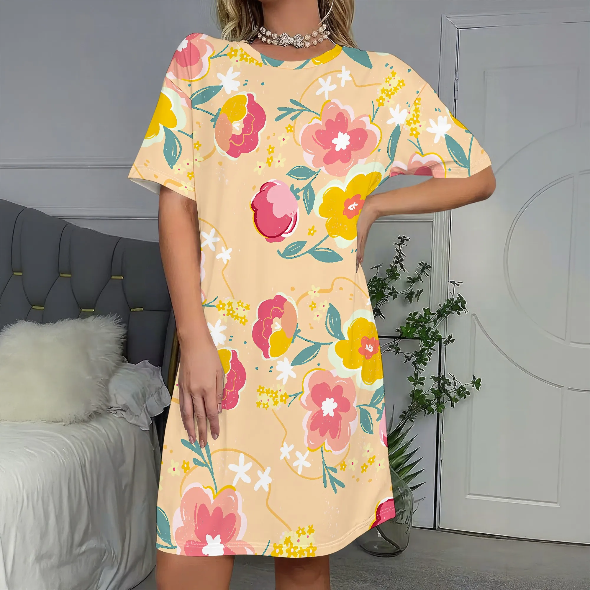 

Floral Short Sleeve Dress, Cute Peach Print Tunic, Summer Casual Shift, Beach Vacation Wear, S-2XL