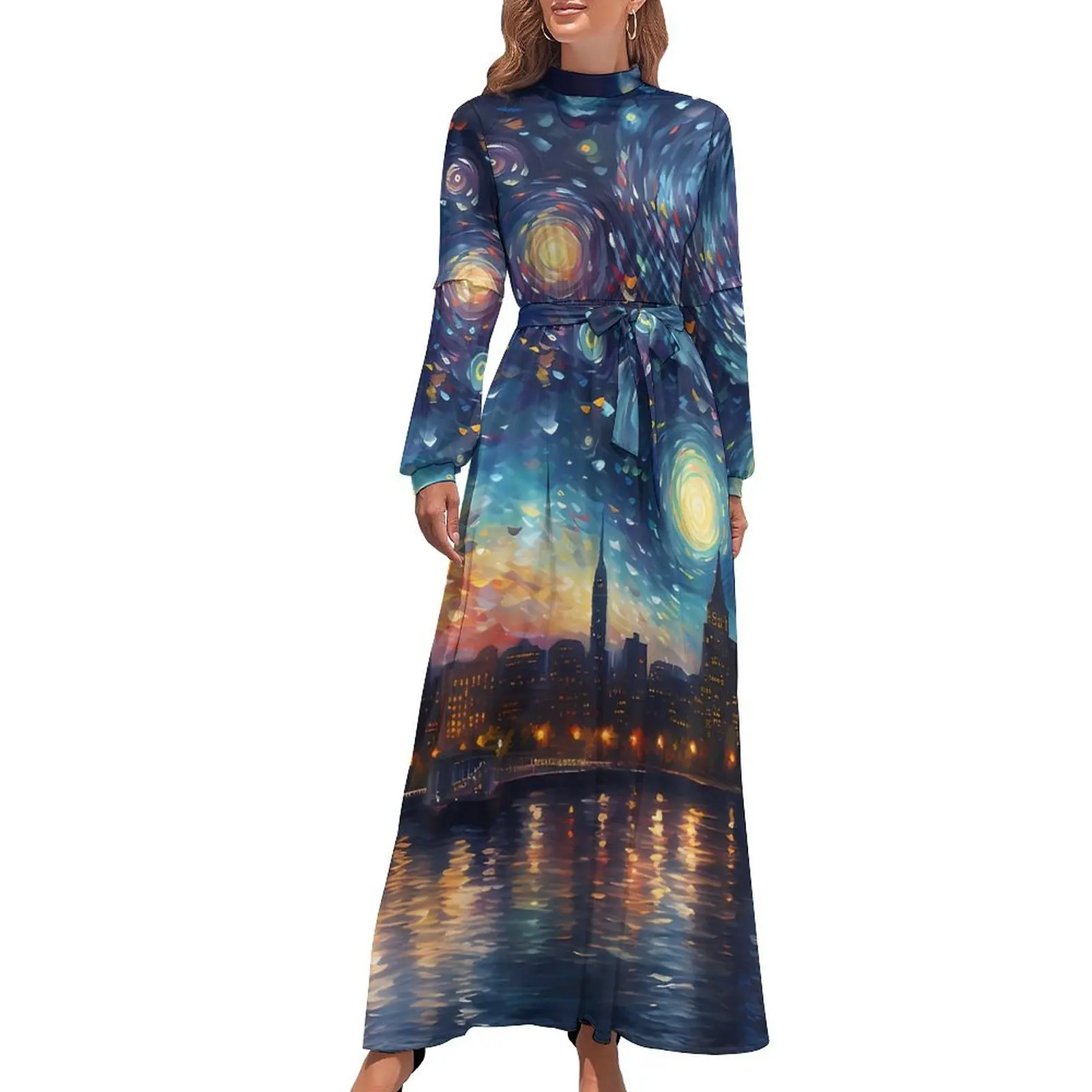 Starry Night Print Dress Boston Skyline Party Maxi Dress Aesthetic Bohemia Long Dresses High Waist Graphic Vestidos