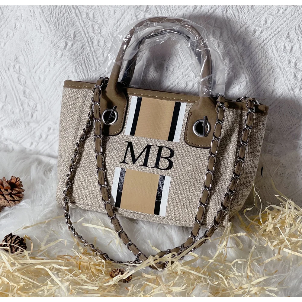 Personalized Monogram Tote Bag Canvas Custom Beige Brown White Chain Handbag Personalised Stripe Initials Chain Bag Bride Gift