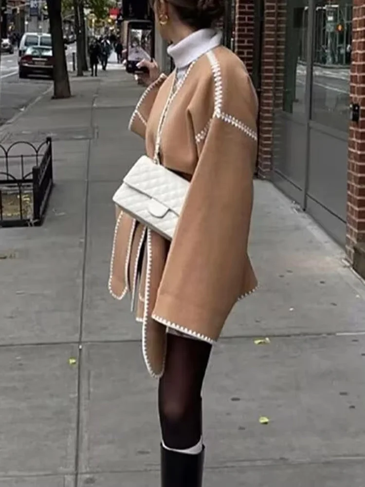 HH Giacca da donna versatile con scollo a V, cintura artigianale, giacca di lana, cappotto decorativo tascabile casual da strada autunnale femminile