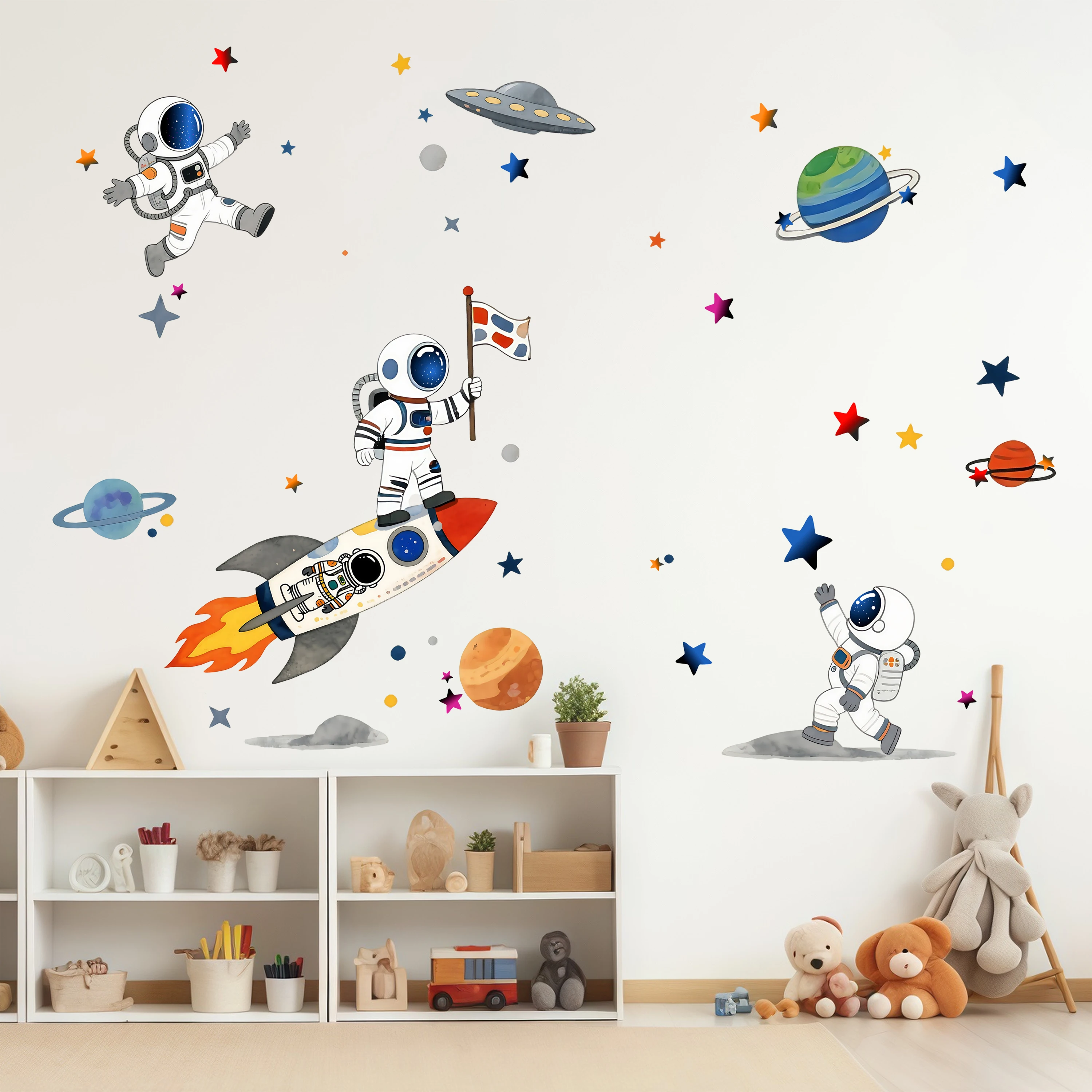 Pegatinas de Pared de Astronauta Piloto de Dibujos Animados para Habitación de Bebé, Decoración de Dormitorio Infantil, Decoración de Aula, Tema Espacial, Decoración de Pared para Niños
