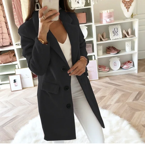 Eleganter Damen-Mantel mit Reverskragen und Knopfleiste, Flauschiger Mid-Coat, Locker Geschnitten, Modische Büro- und Pendler-Winterjacke – Detail 3