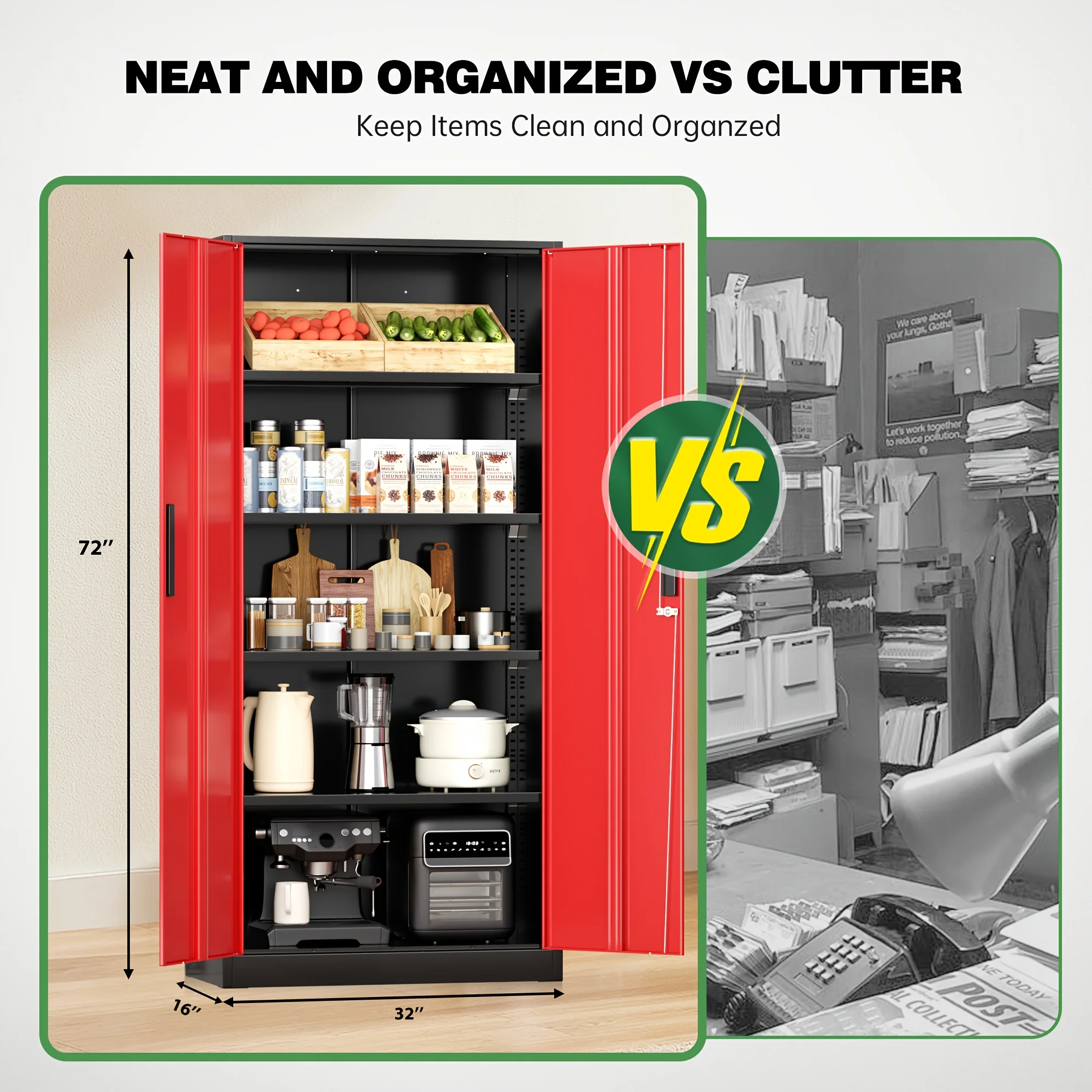 Metal Garage Storage Cabinet, Steel Floor Mount with 2 Doors, 4 Adjustable Shelves, Locking, Painted Finish, Assembly Required