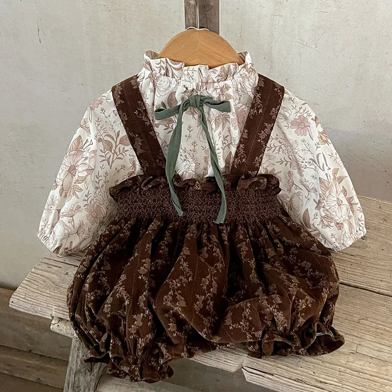 2026 New Spring Korean Style Children Clothes Long Sleeved Cotton Print T-shirt+Corduroy Jumpsuit Infant Baby Girls Clothing Set