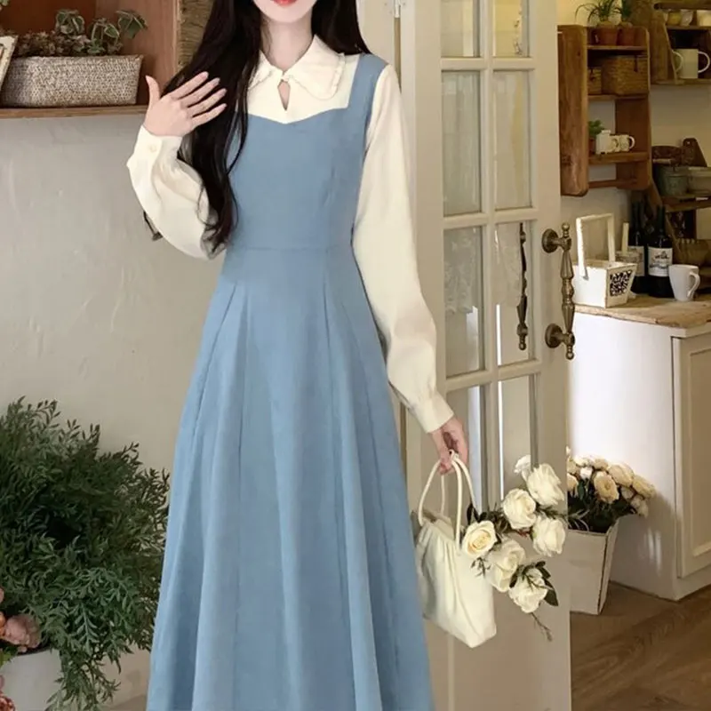 

Solid Patchwork Square Neck Long Sleeve Fake Two Pieces Dresses Elegant Fashion Harajuku Female Clothes Casual All Match Skirt