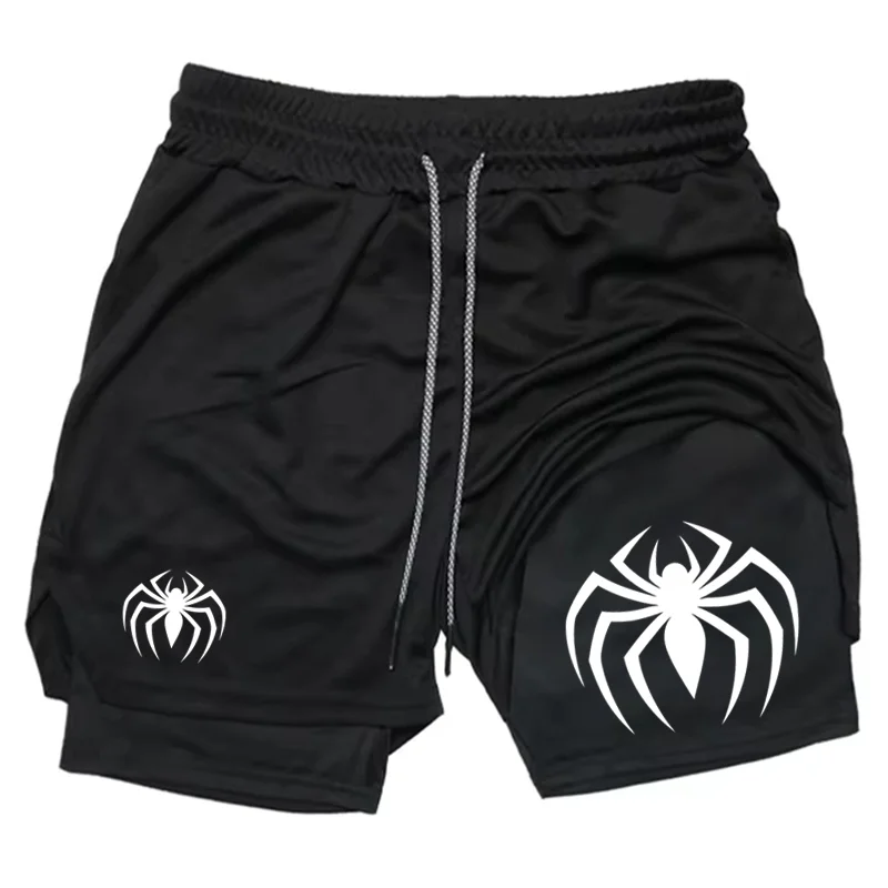 

Мужские шорты 2-в-1 с рисунком паука, быстросохнущие двухслойные шорты для тренировок в тренажерном зале, бега и фитнеса для мужчин WX080