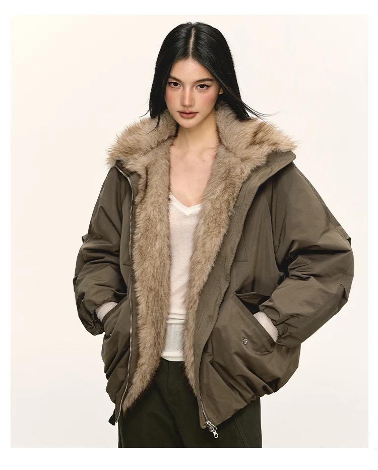 

2025 Winter Korean Women Down Coats Faux Fur Collar Loose Casual Zipper Coats Cotton Jacket Fur Trimmed Bubble Coat