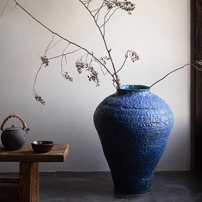 Ceramic floor-to-ceiling vase wabi-sabi wind zen coarse pottery jar entrance living room