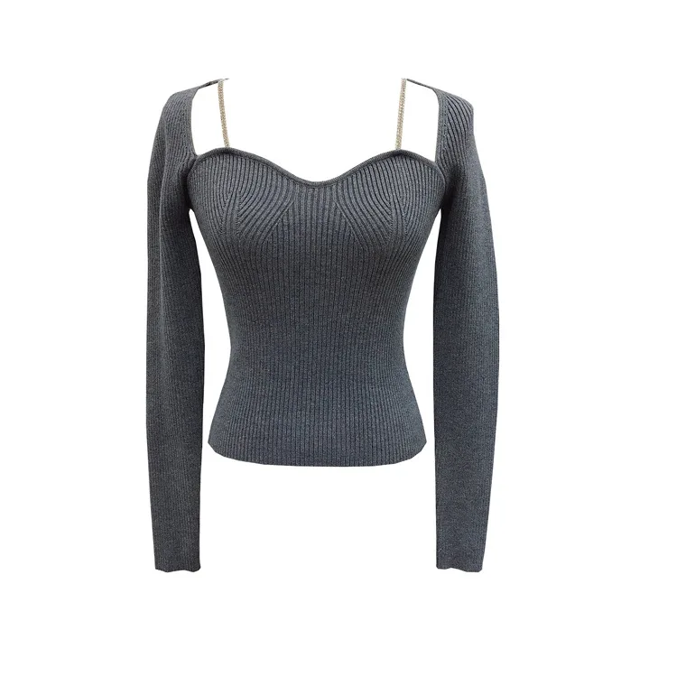 2022 New Women Knit Sweater Strapless Clavicle Long Sleeve Knitwear Petal Collar Slim Chain Design Base Shirt