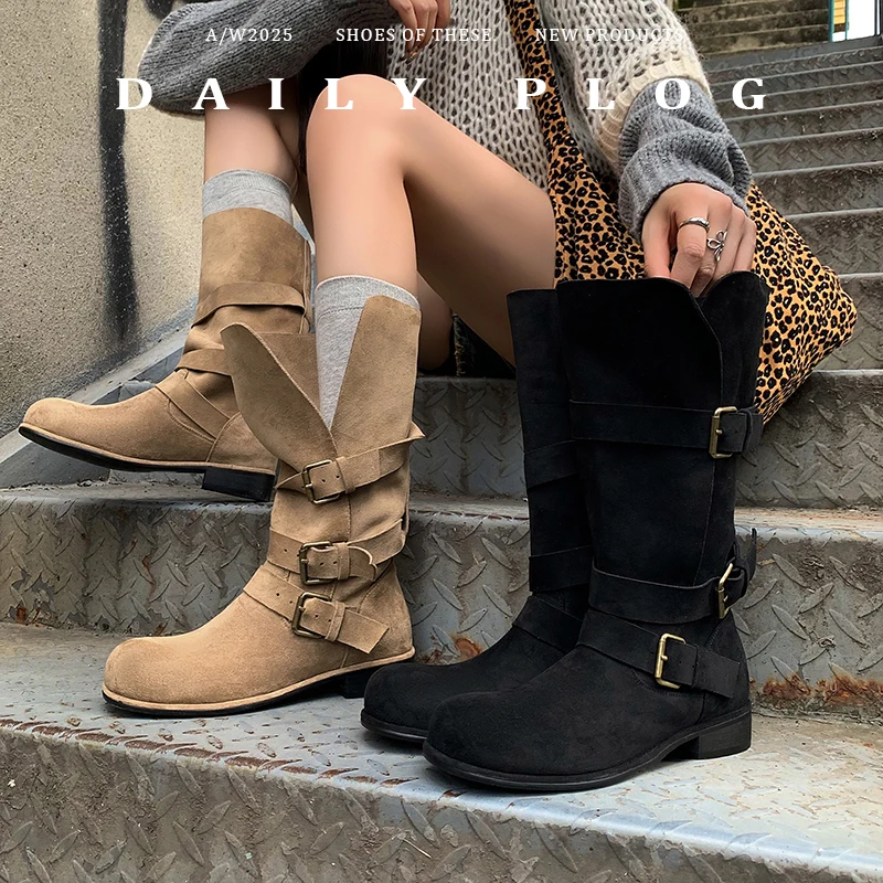 

2026, осенне-зимние женские сапоги до середины икры, рост 22-24,5 см, эластичные фланелевые современные ботинки с круглым носком, сапоги в стиле вестерн на толстом каблуке с пряжкой ремня
