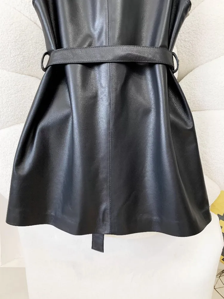 Jesienna Nowa Damska Sukienka Bez Rękawów z Naturalnej Skóry Owczej z Okrągłym Dekoltem, Sukienka na Ramiączkach z Paskiem w Talii, Luźny Krój, Styl Punkowy, Sukienki Codzienne